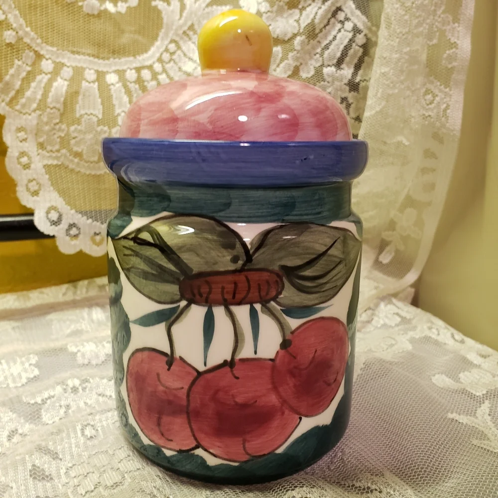 Vtg Canister GEI Handpainted Cherry Sealing Lid